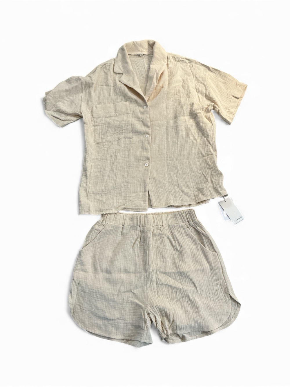 NWT COMMENSE Linen-Blend 2 Piece Shorts Set Cream Beige Collared Top Size L